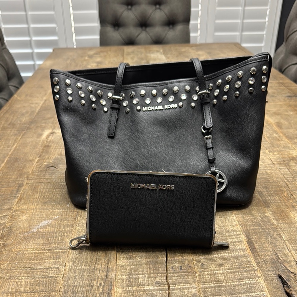Michael Kors Black Studded Tote Bag and Wallet Set